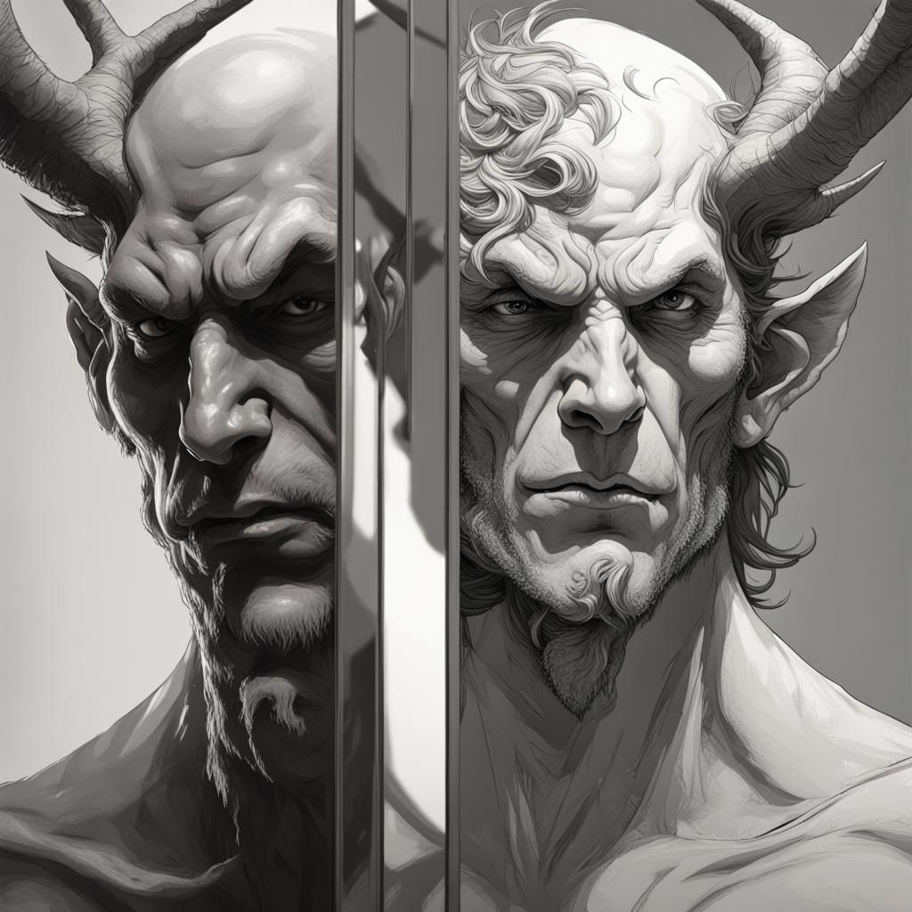 Man and Demon Dichromatic Split Screen Portrait