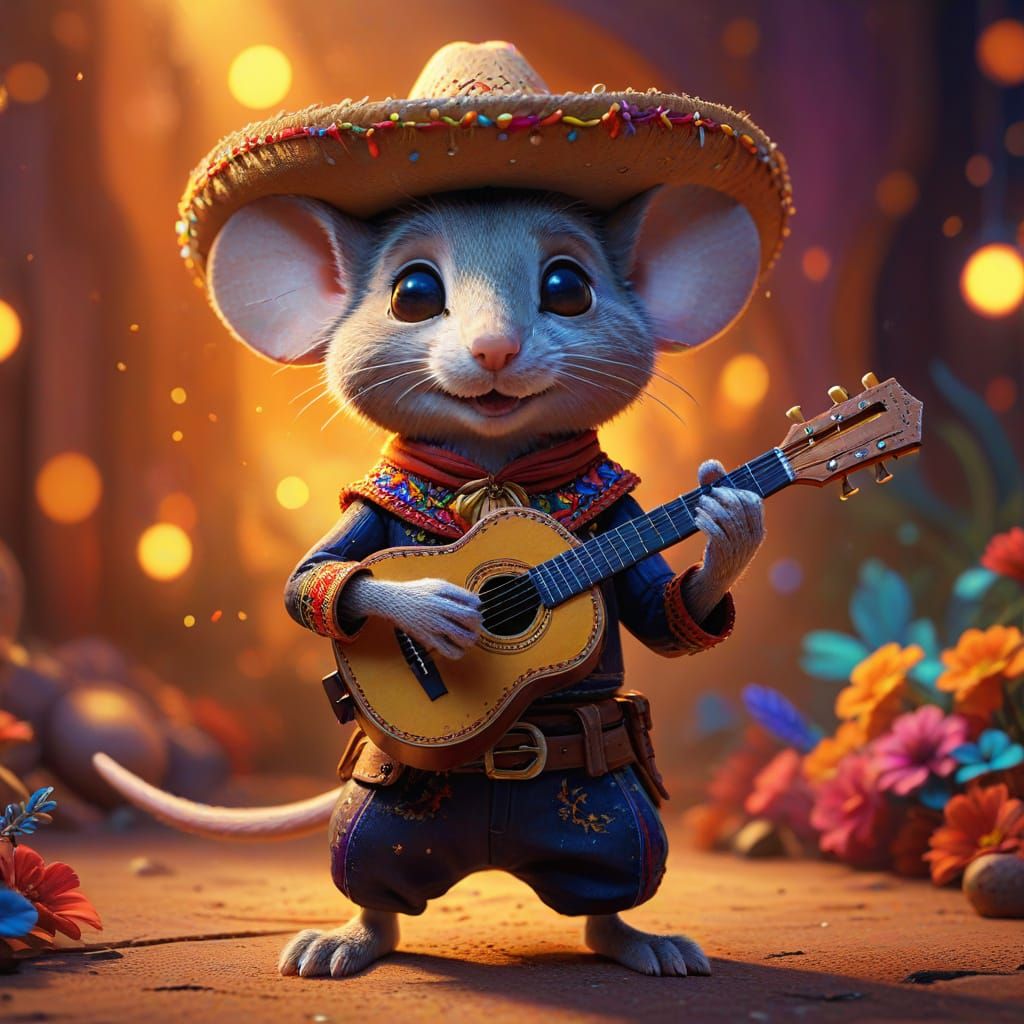Mariachi Mouse Plays Vihuela Guitar in Pixar Style