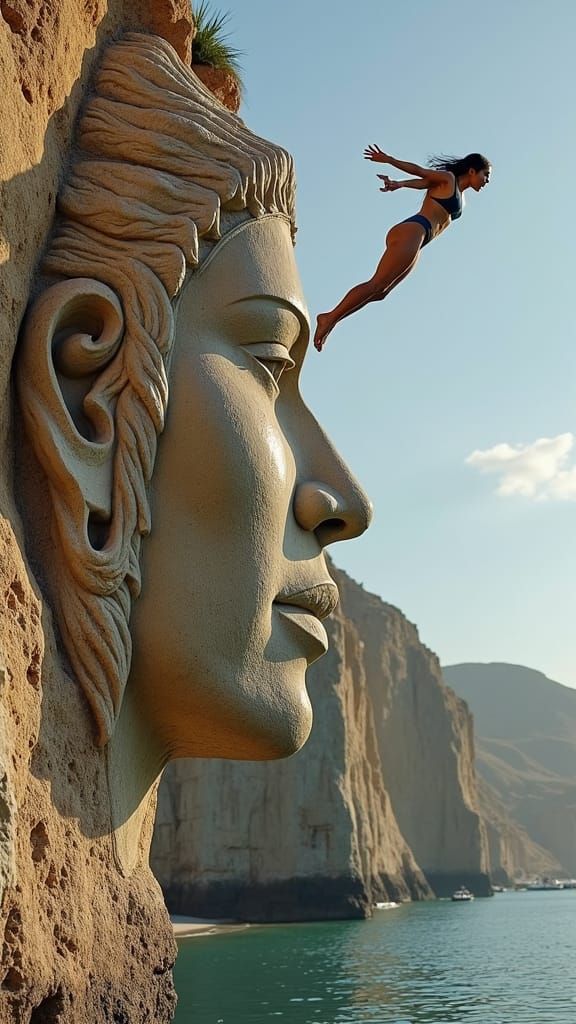 Cliff Diver Leaps from Native American Sculpture