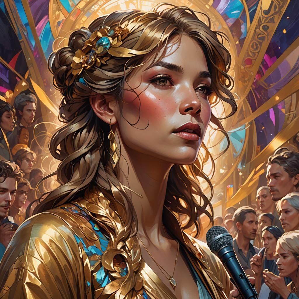 Confident Woman Speaking, Golden Accents, Digital Art