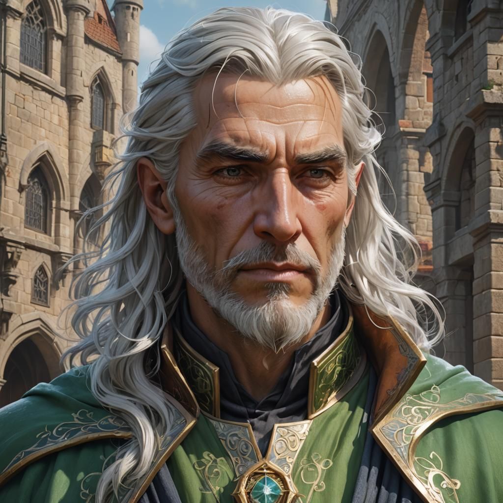 Wizard Portrait in Medieval City, Detailed Fantasy Art