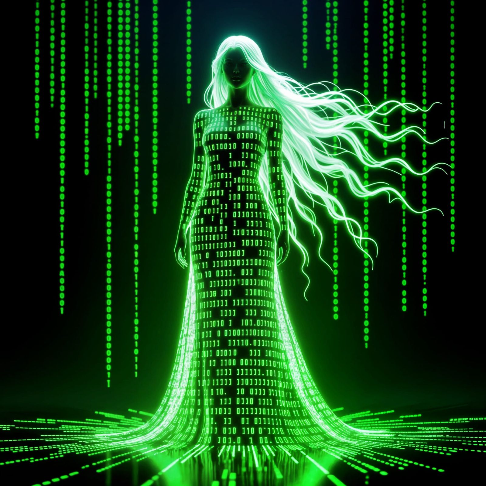 Statue of Glowing Code with Flowing Hair