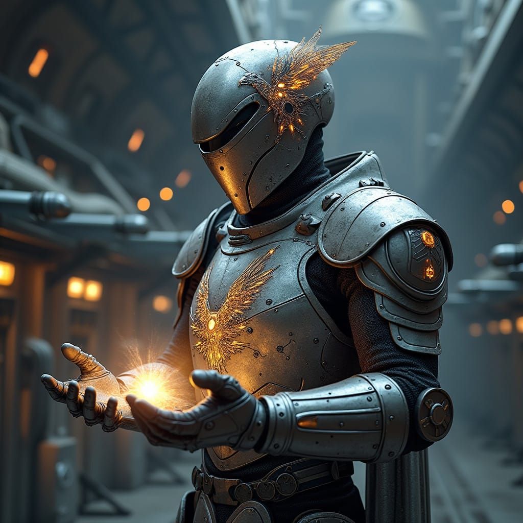 Cyberpunk Knight in Shimmering Metal Armor with Phoenix Desi...