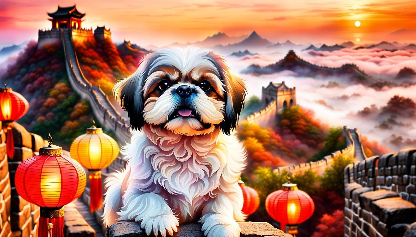Shih Tzu on the Great Wall: Fantasy Art