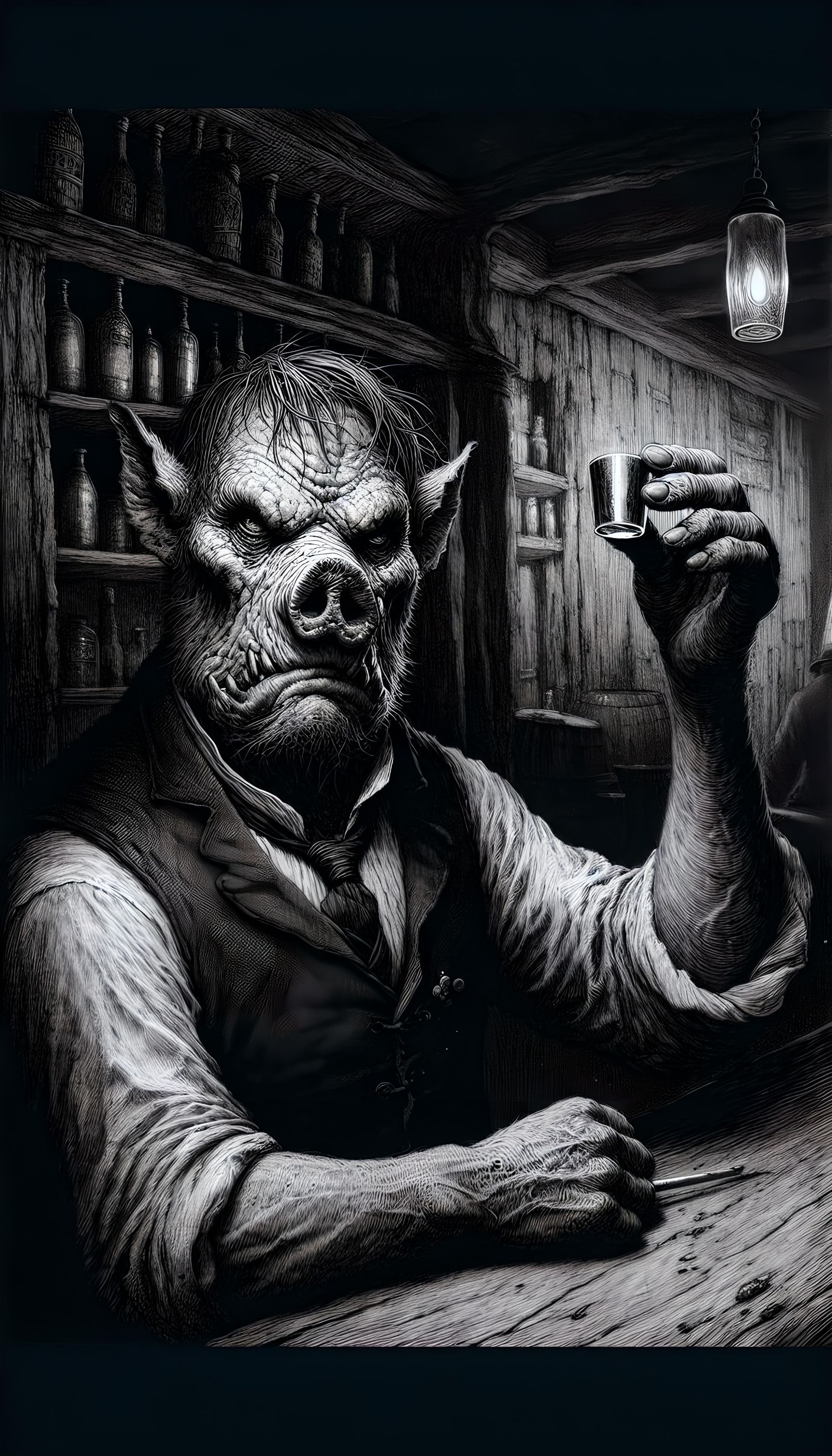 Ominous Pig Bartender in Gustave Doré Style