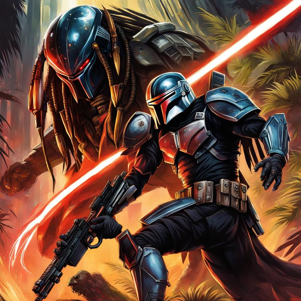 The Predator versus a Mandalorian in a jungle setting