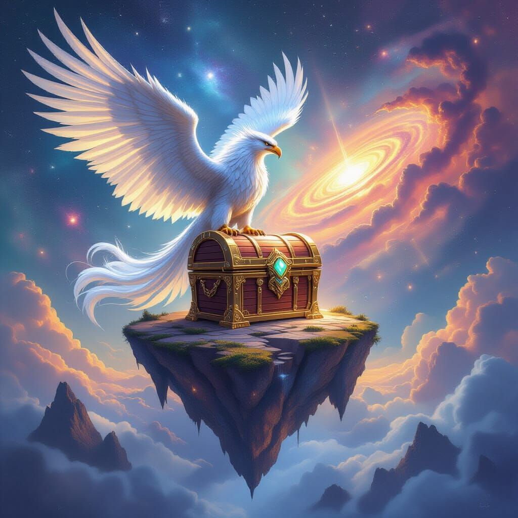 Majestic Griffin Guards Jewel Chest on Floating Island in Ne...