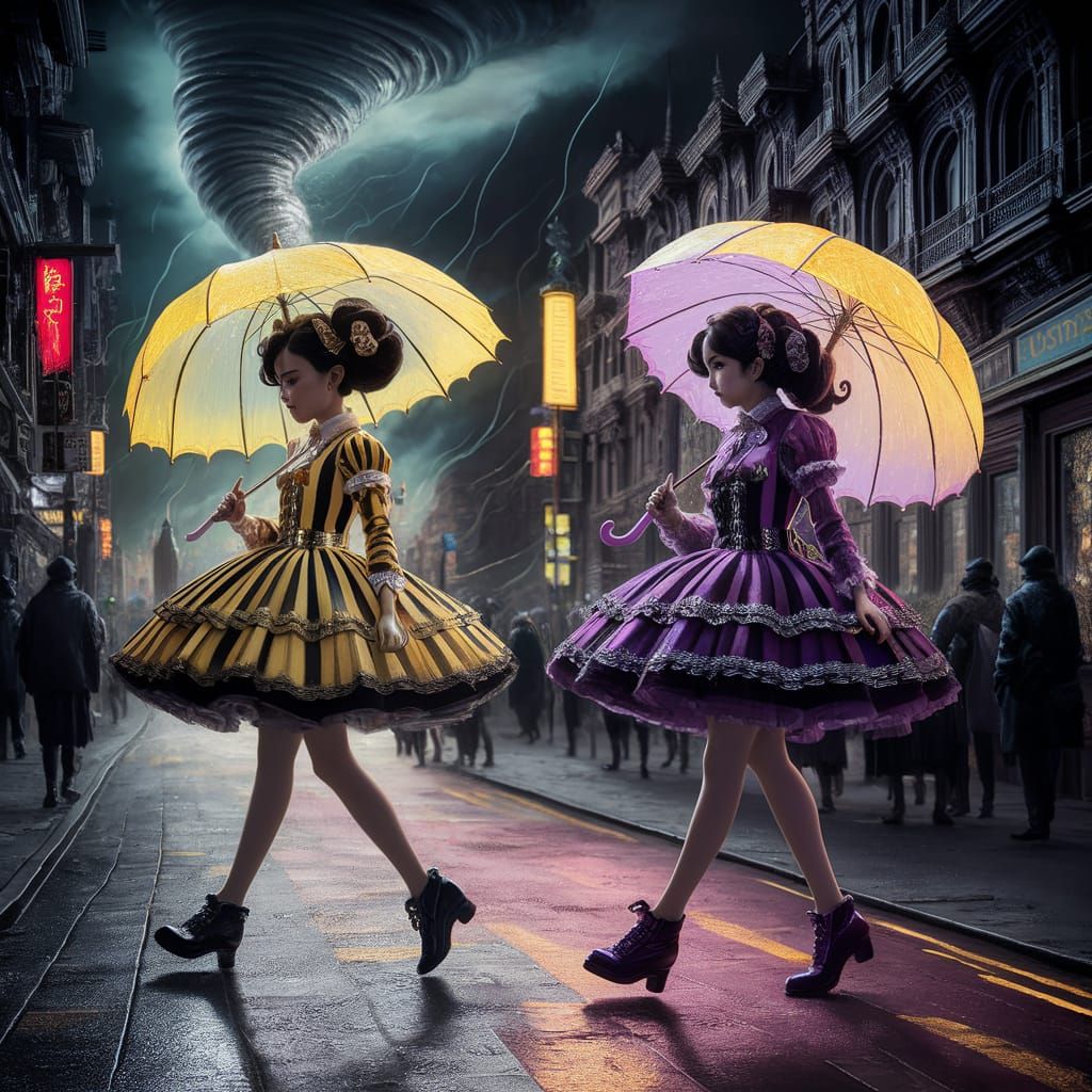 Asian Changeling Girls in City with Tornado, Digital Art