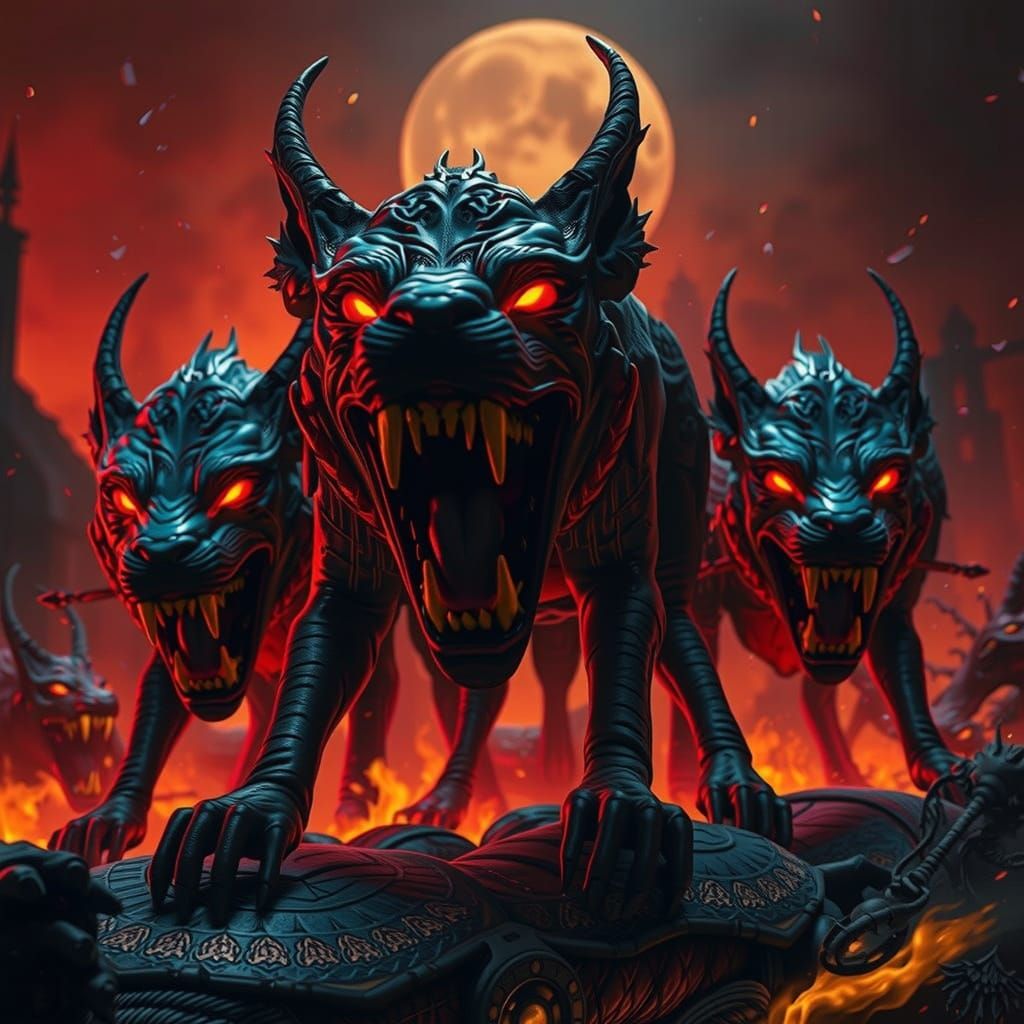 Satan Surrounded by Hellish Hounds in Dark Fantasy