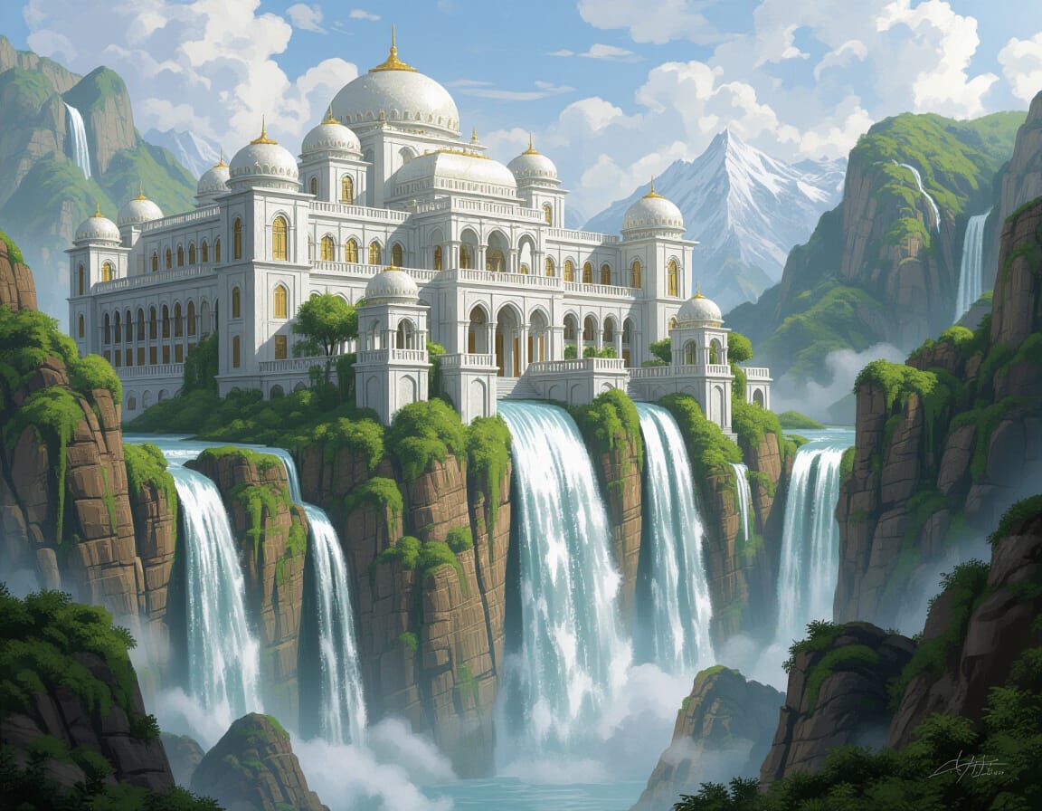 Majestic Marble Palace Atop Fantasy Waterfall