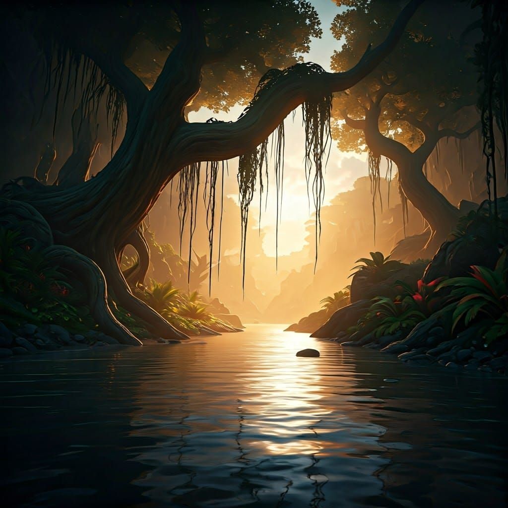 Mystical Riverside Landscape at Sunset: Digital Matte Painti...