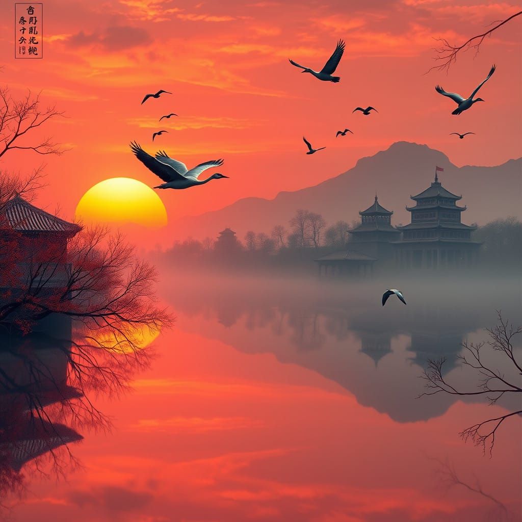Mystical Sunset with Solitary Crane and Ancient Buildings