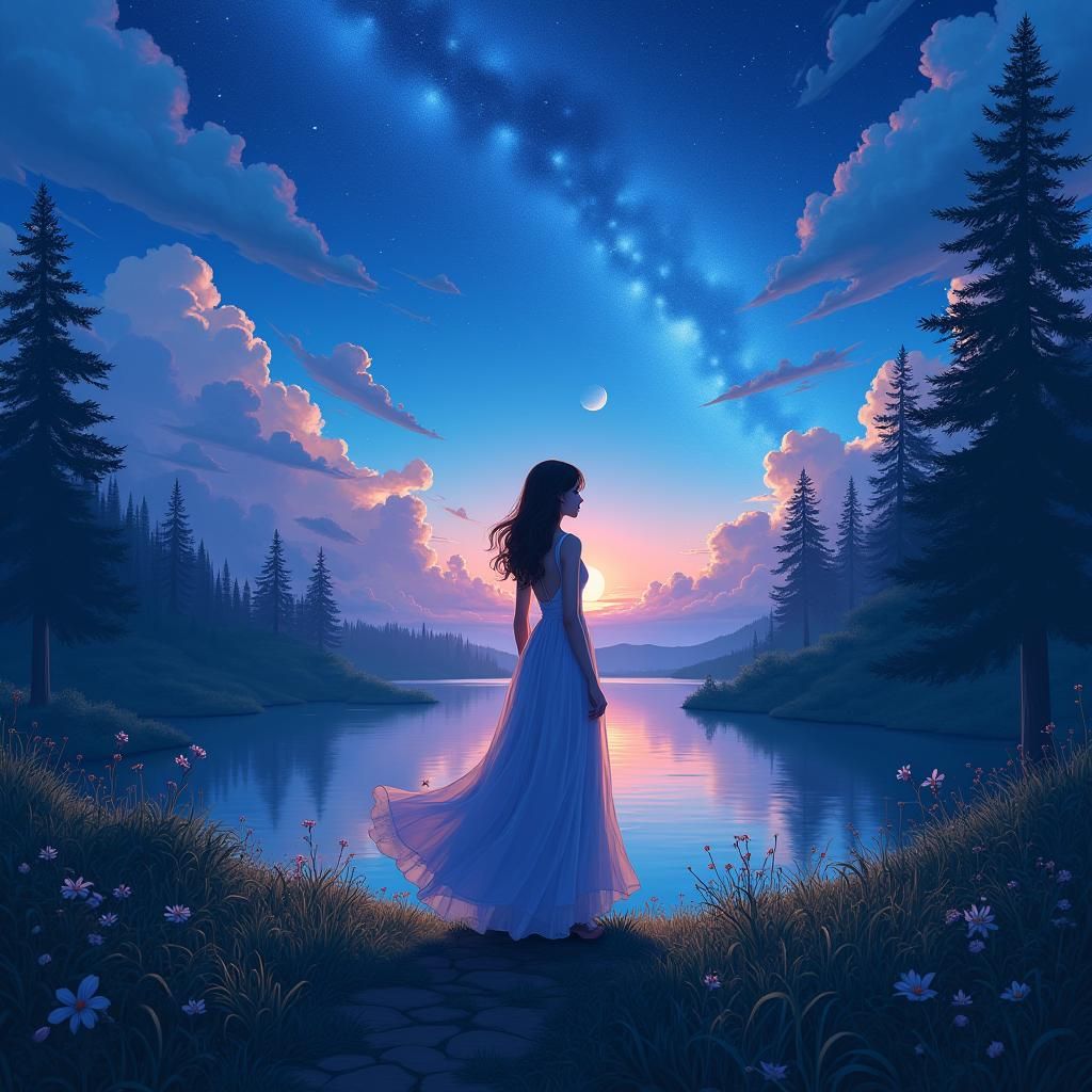 Woman Contemplates Night Sky in Anime Style