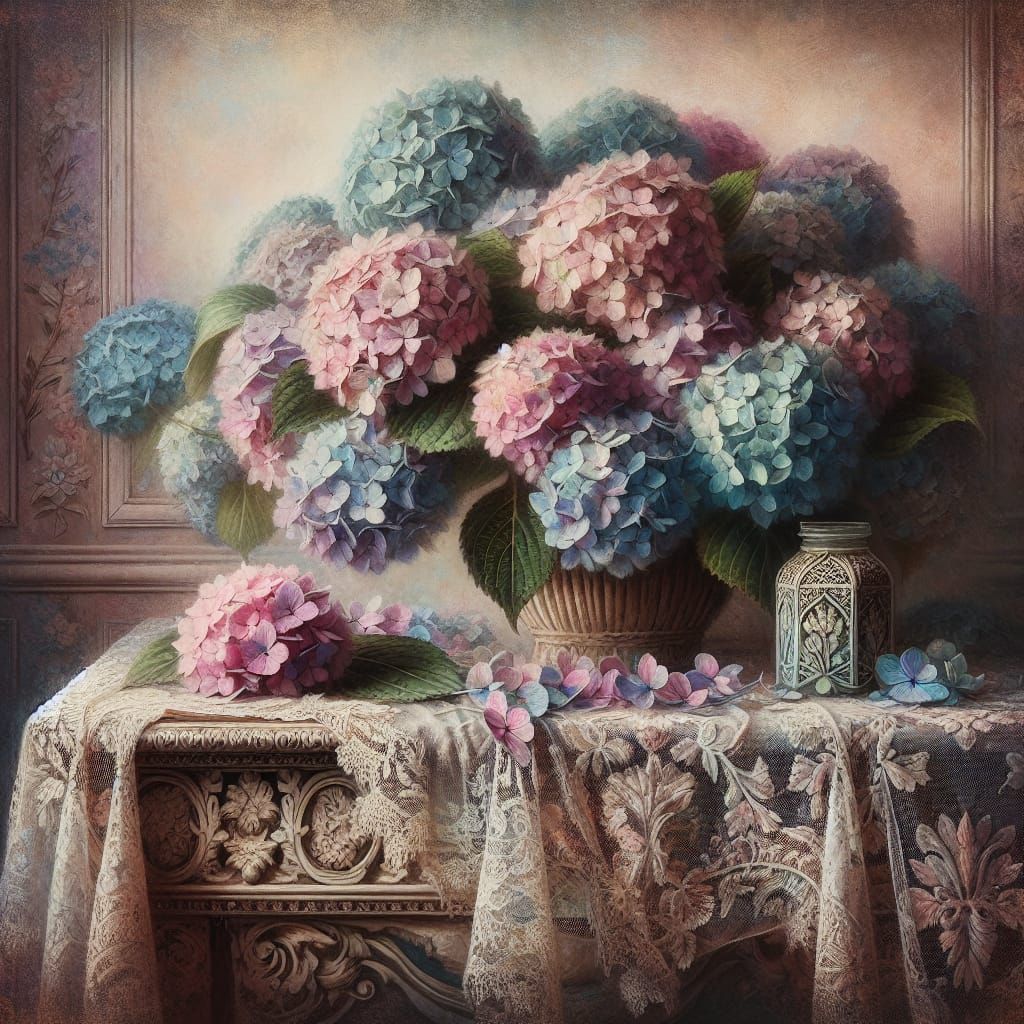 Fading Hydrangea on Victorian Table in Soft Light