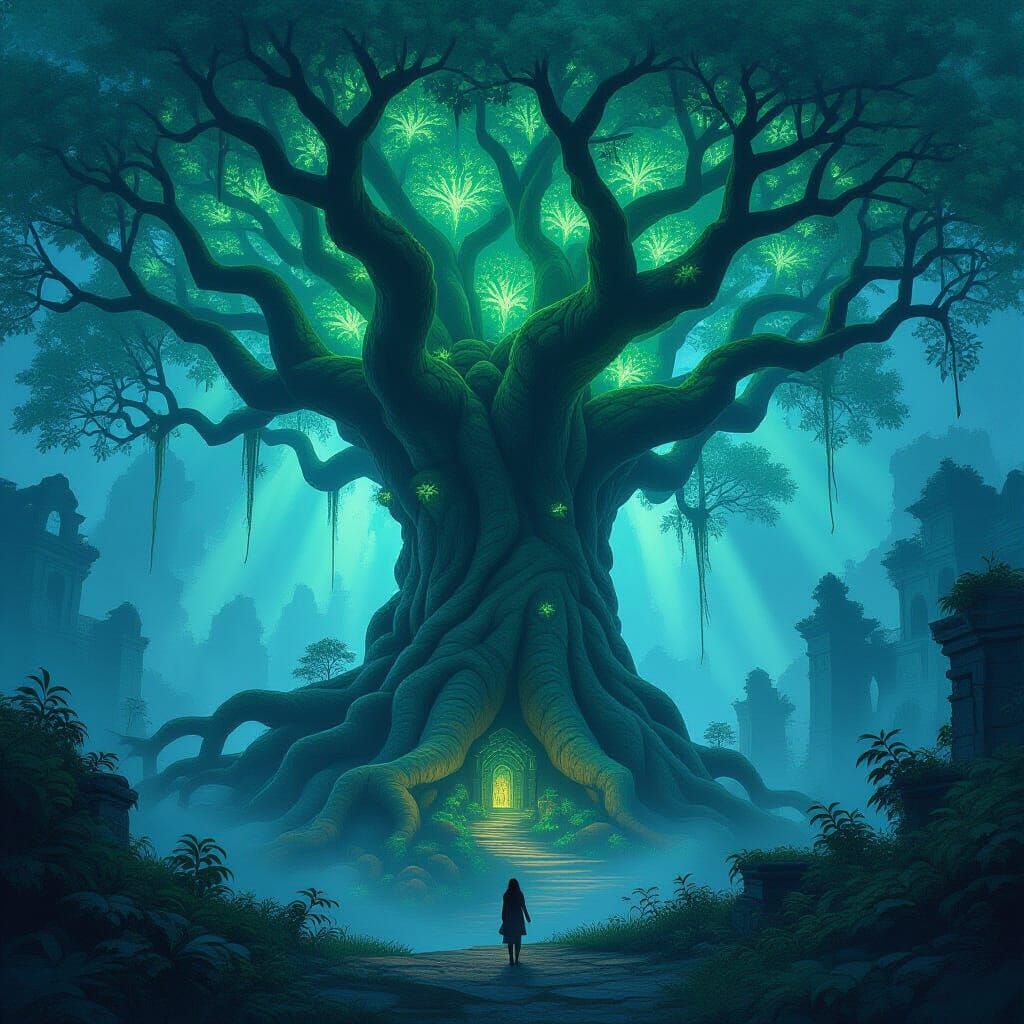Colossal Ancient Tree in Misty Forest - Fantasy Concept Art