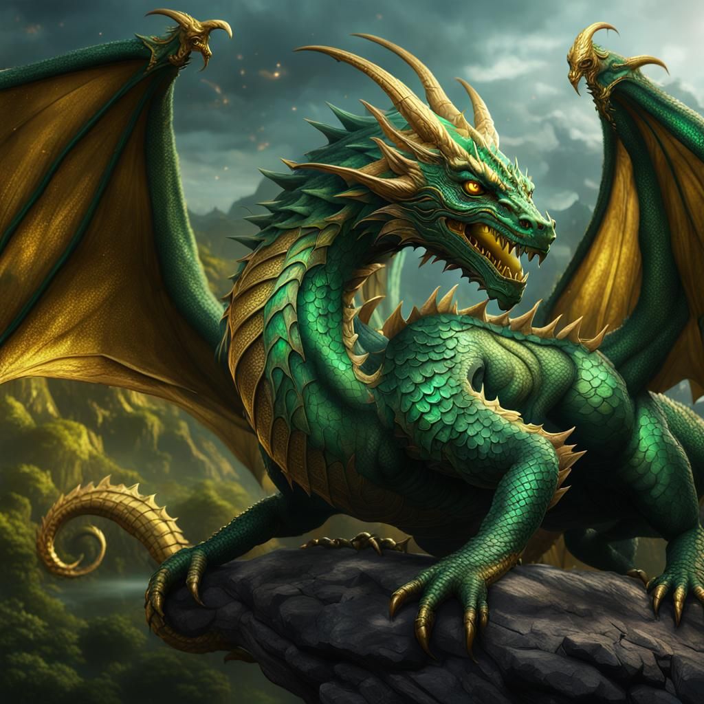 Green Dragon with Golden Eyes in Detailed Matte Painting
