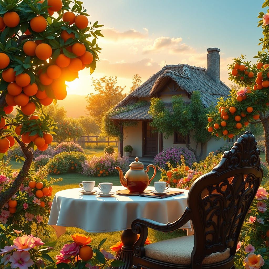 Serene Morning in a Vibrant Orange Orchard