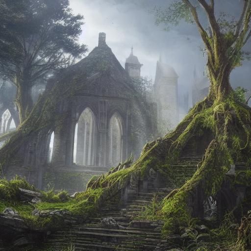 Majestic Cathedral Ruins in Misty Forest
