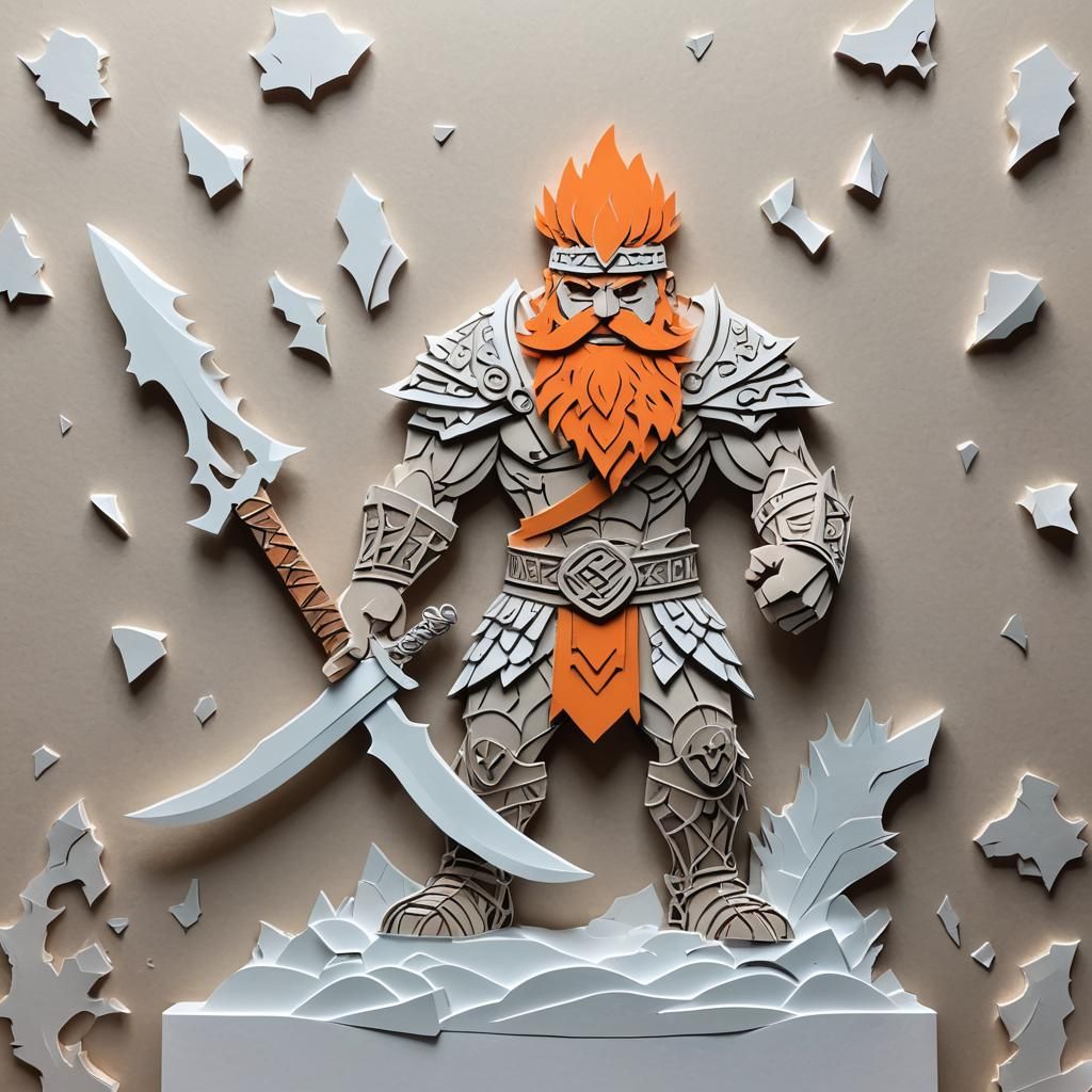 Dwarven Barbarian with Ice Sword in Kirigami Style