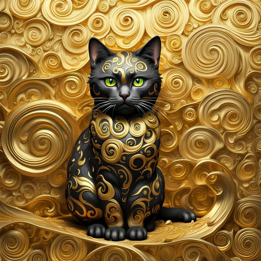 Gold Leaf Cat in Anime Style with Cubist Elements
