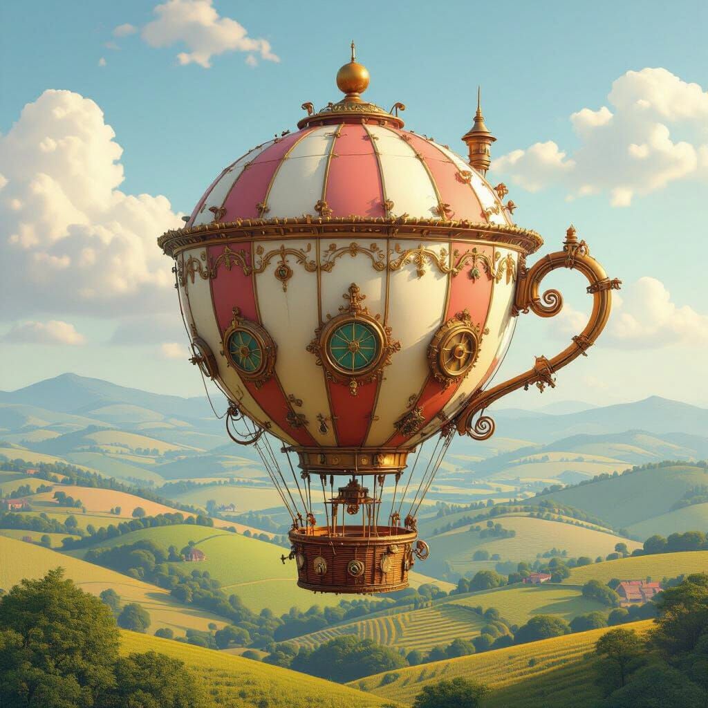 Whimsical Teacup Hot Air Balloon Over Rolling Hills