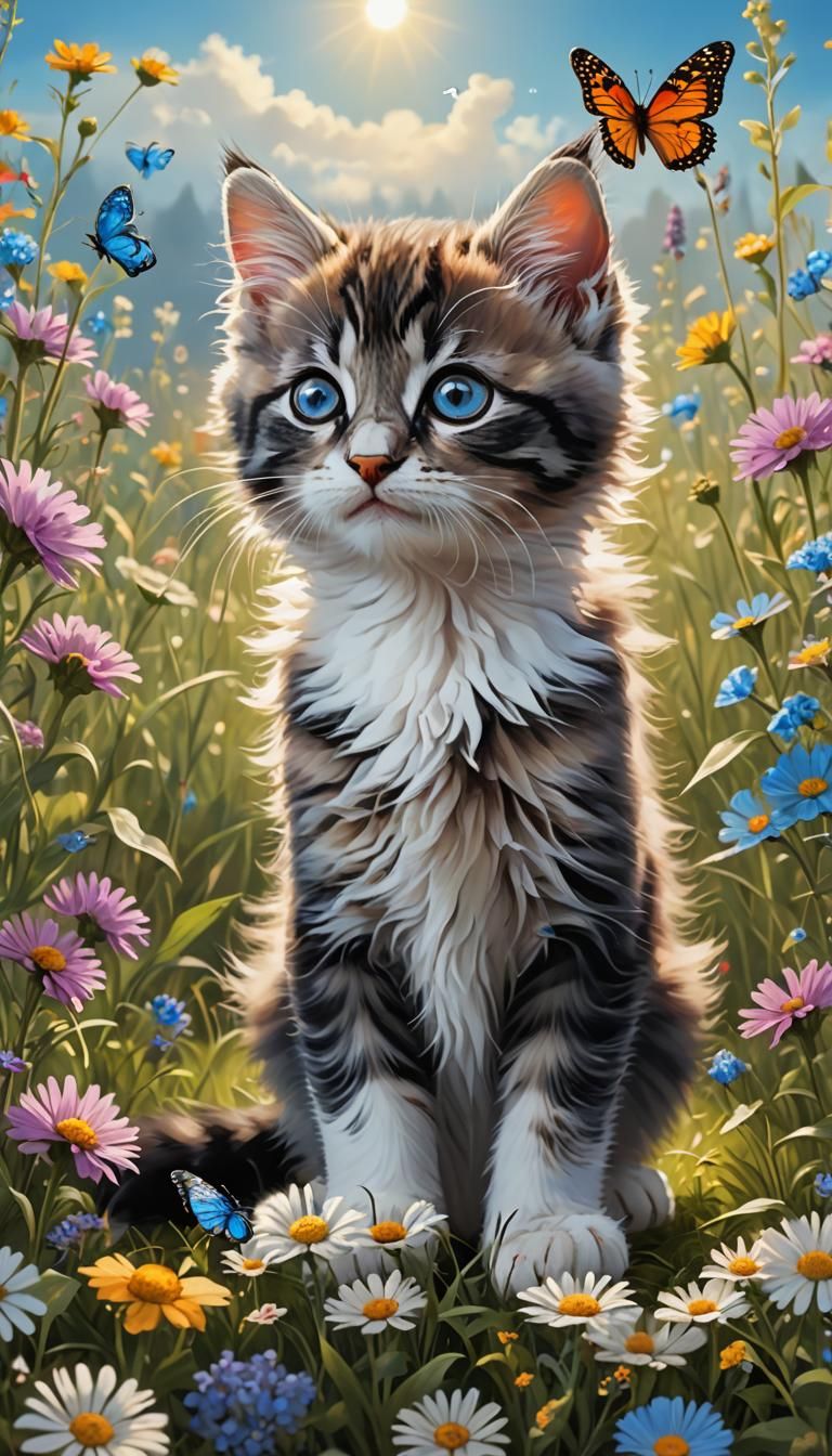 Adorable Kitten in Wildflowers: Digital Art Masterpiece