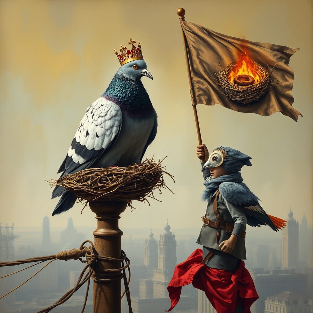 Regal Pigeon King Overlooks Surreal Cityscape