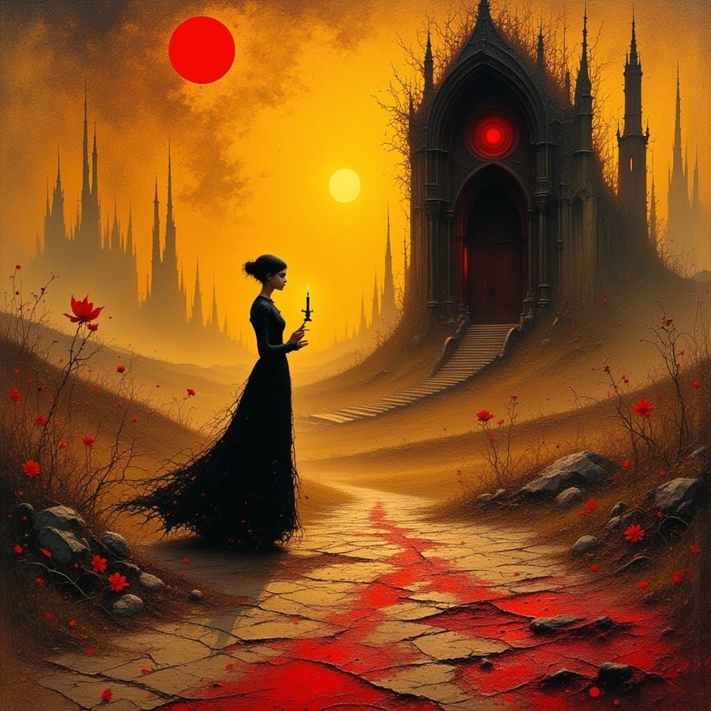 Gothic Twilight Landscape in Encaustic Wax Style