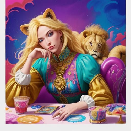 Blonde Tarot Reader with Lion in Candy Art Style