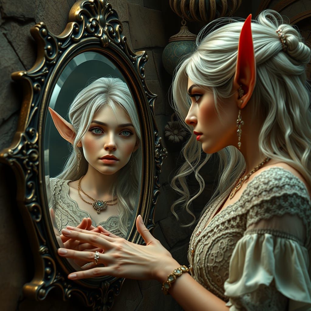 Elf Woman Gazes at Her Future Self in Mirror
