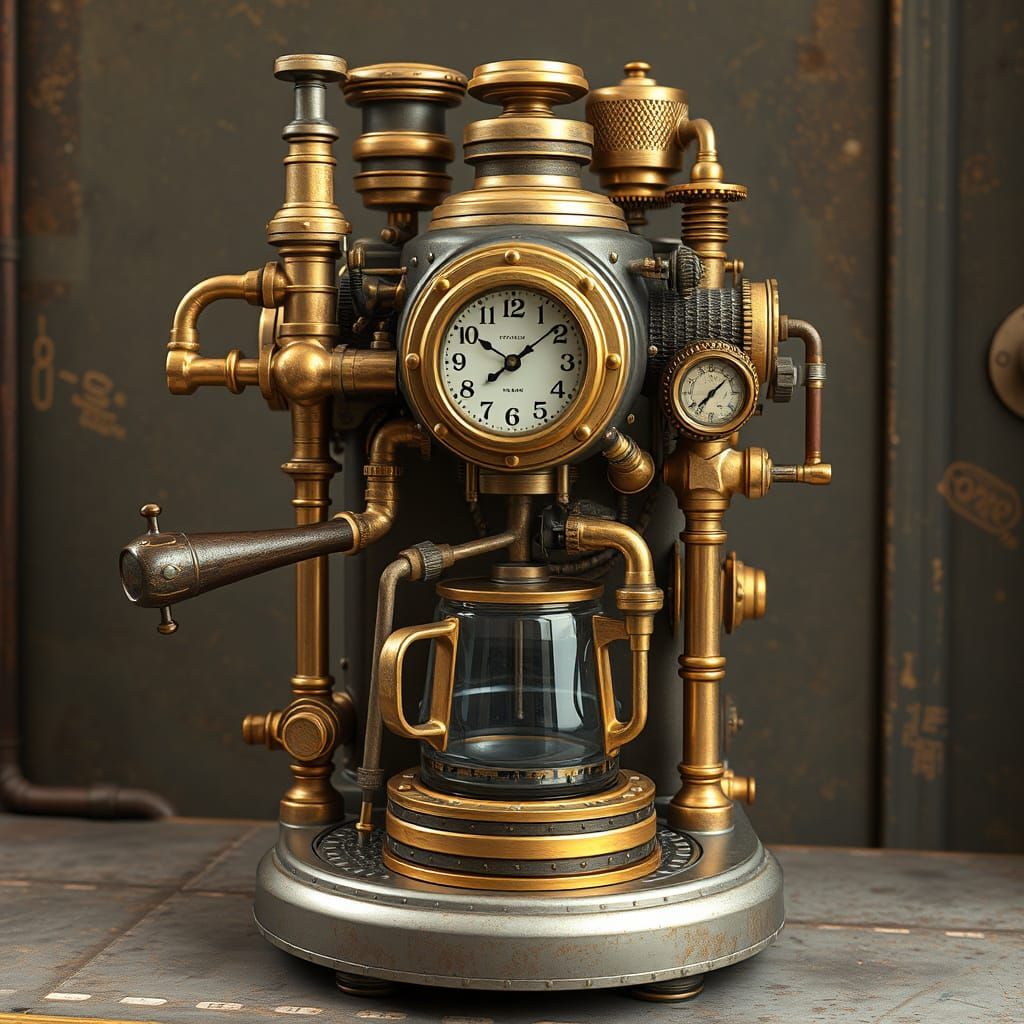Steampunk Coffee Machine with Intricate Clockwork