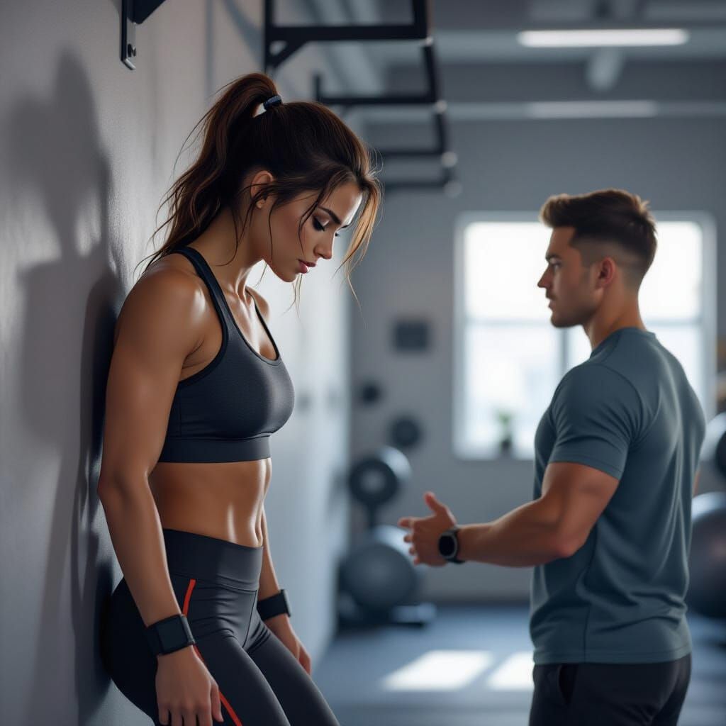 Woman Climbs Wall Bars: Dramatic Digital Art