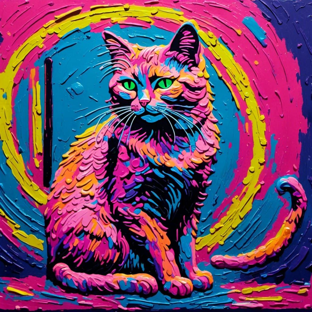 Neon Cat Adventures: Impasto Art in 80s Style