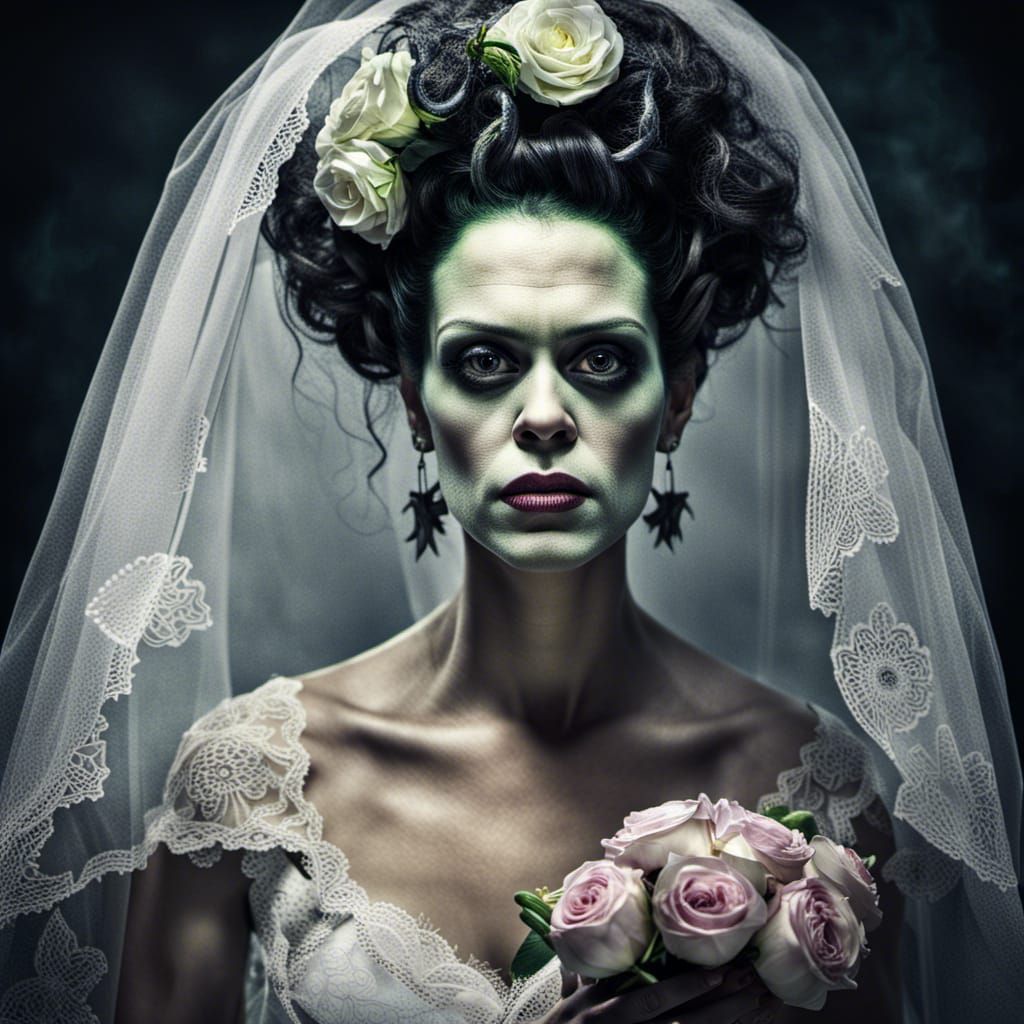 Hyperrealistic Portrait of Bride of Frankenstein with Veil