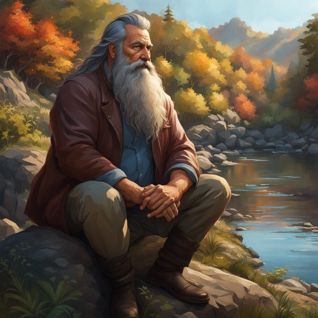 Bearded Man Portrait by River, Detailed Digital Art