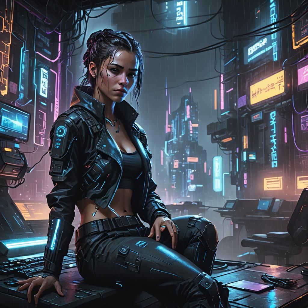 Cyberpunk Hacker in Neon-Lit Dystopian Cityscape