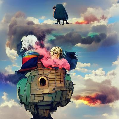 Whimsical Moving Castle in a Vibrant Landscape