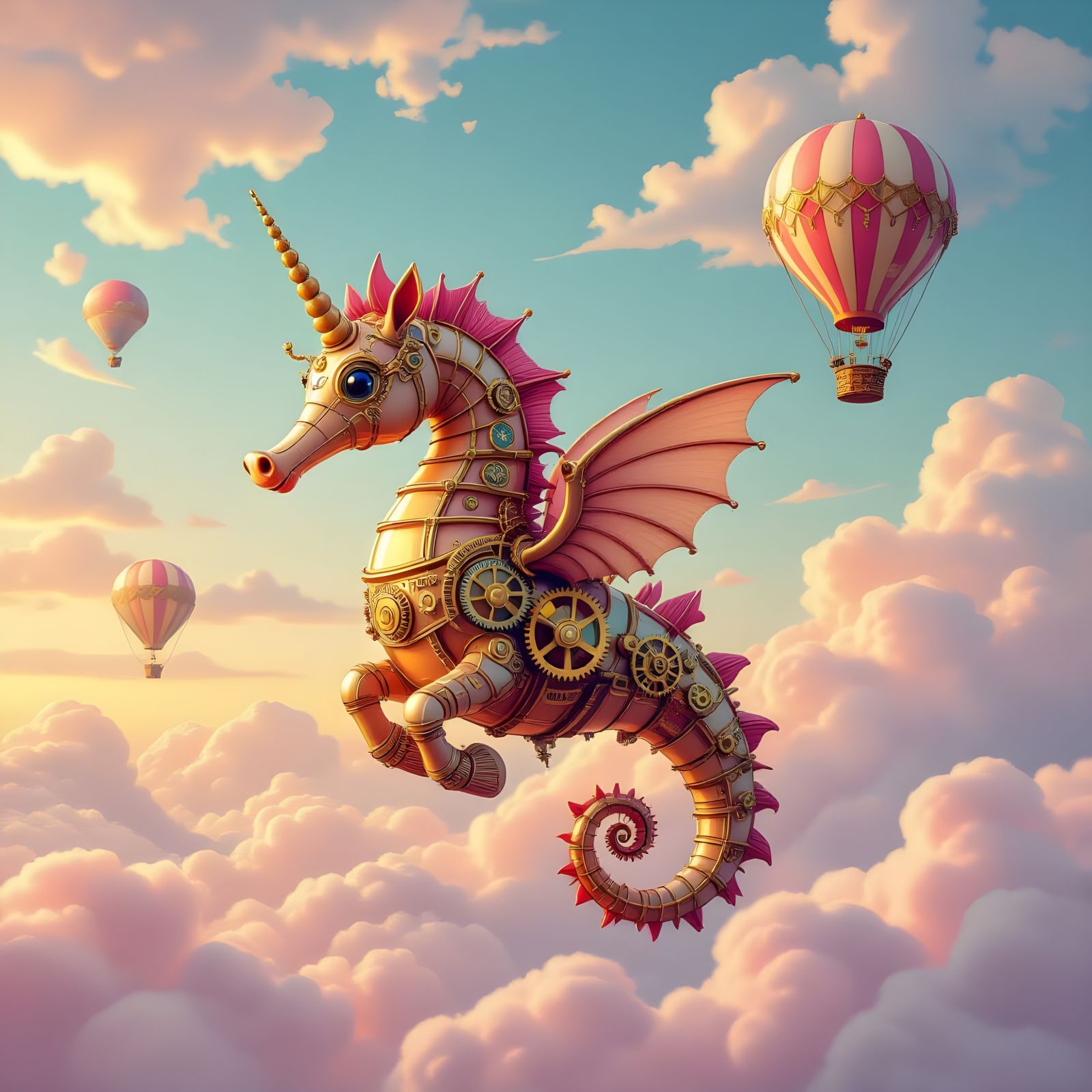 Clockwork Seahorse Soars Through Candyland Sky