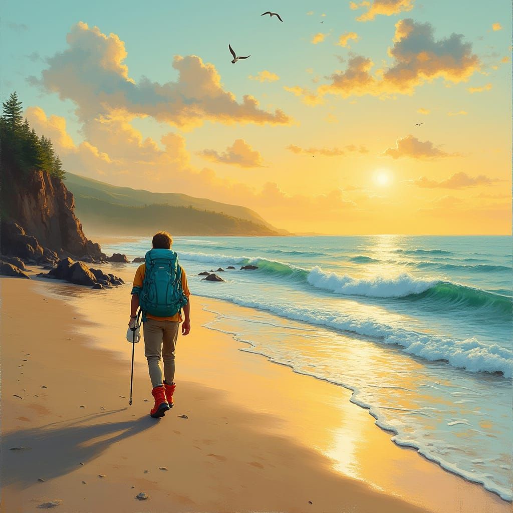 Serene Sunset Beach Hike in Whimsical Impressionist Style