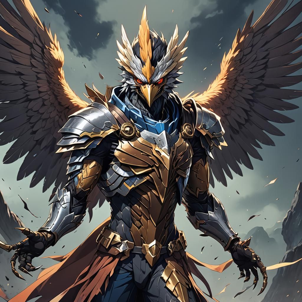 Fierce Aarakocra in Cel-Shaded Anime Style