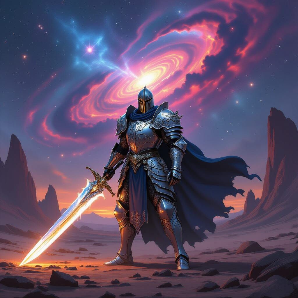 Knight on Alien Planet Under Nebula