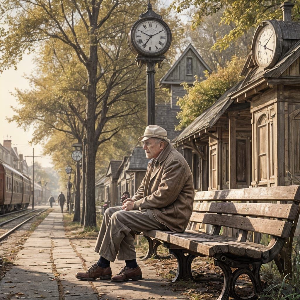 Elderly Gentleman Contemplates a Rural Train Station in Autu...
