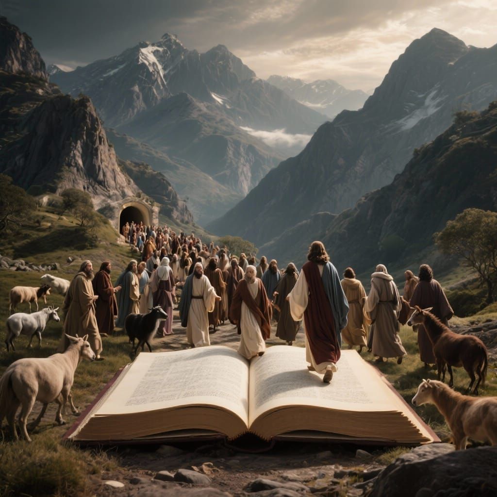 Biblical Grandeur: Characters Emerge from Open Bible into Mo...