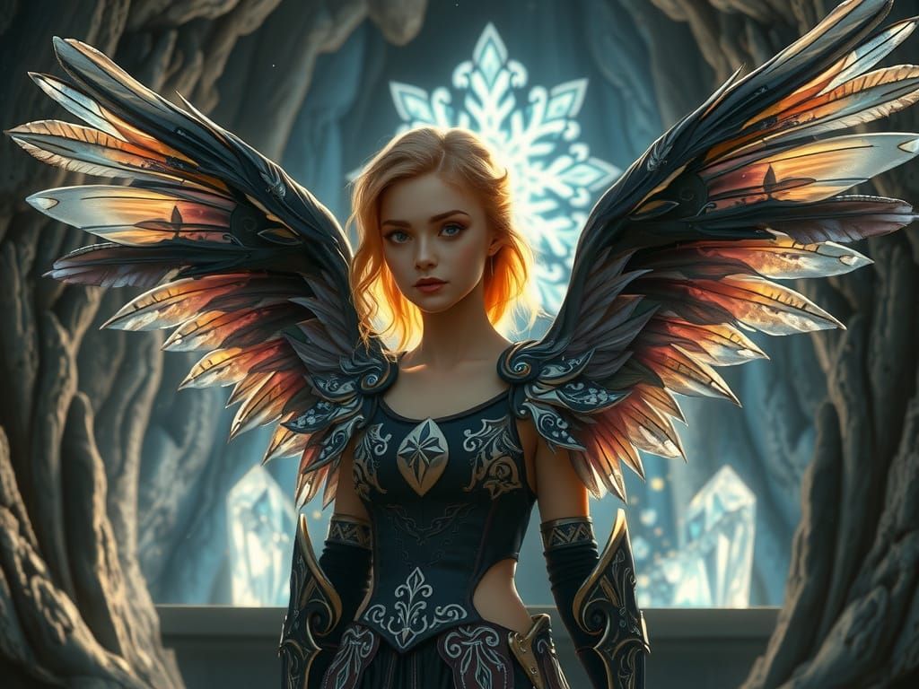 Ethereal Goddess in Leather Armor Poses before Crystal Thron...