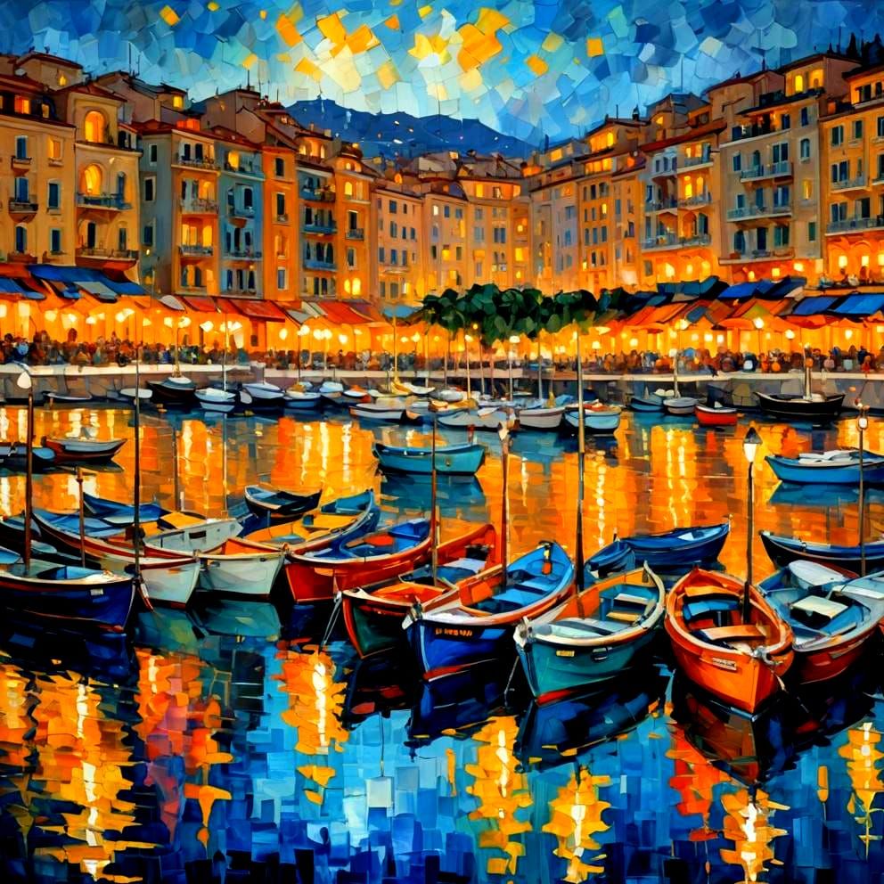 Monte Carlo Marina at Night in Neo-Impressionist Style