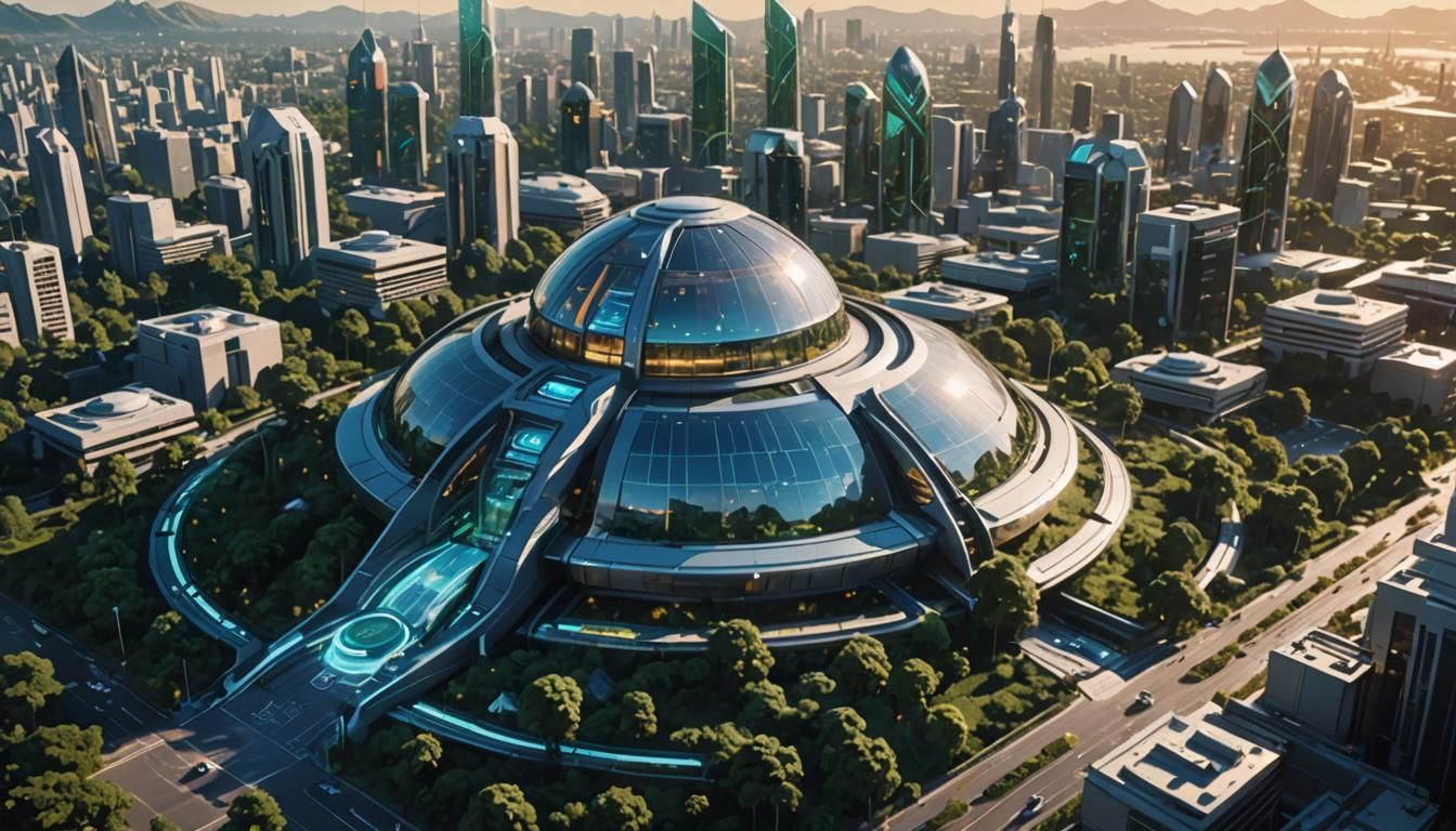 Utopian Futuristic Cityscape: Sleek Government Building