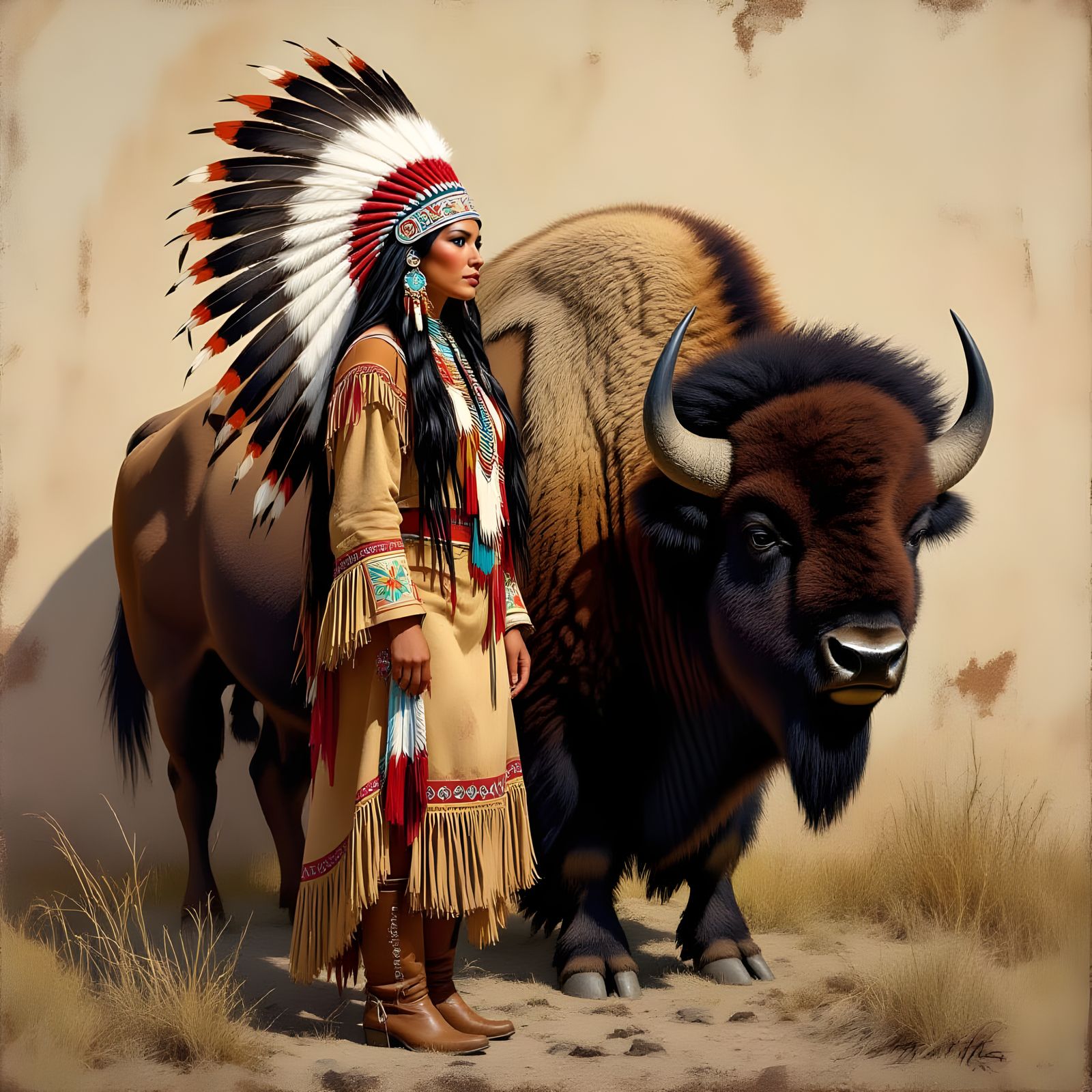 Native American Woman with Bison, Dramatic Portrait