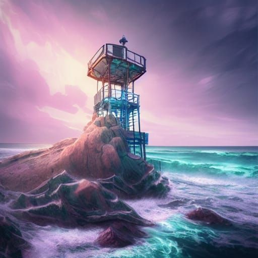 Ocean Watchtower in Hyperrealistic Acrylic Art Style