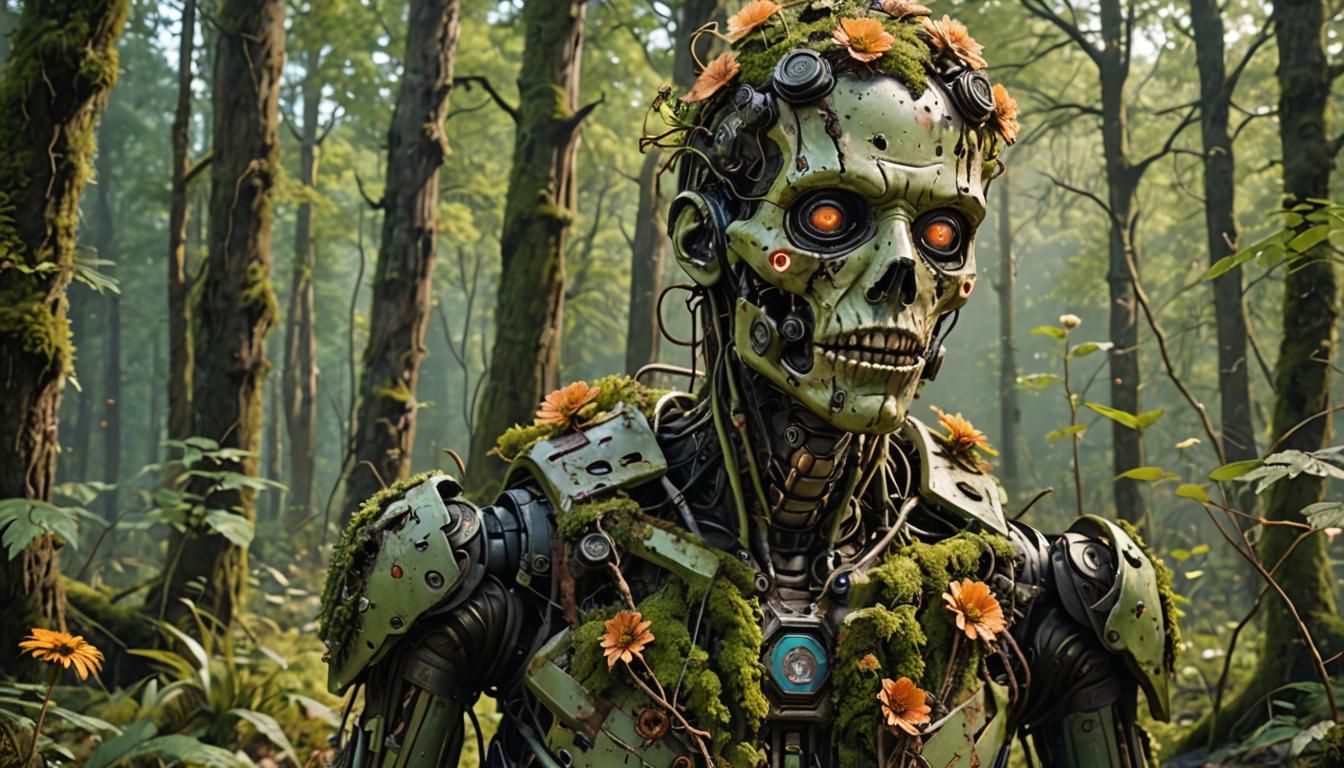 Decaying Neonpunk Android Lost in Wild Forest