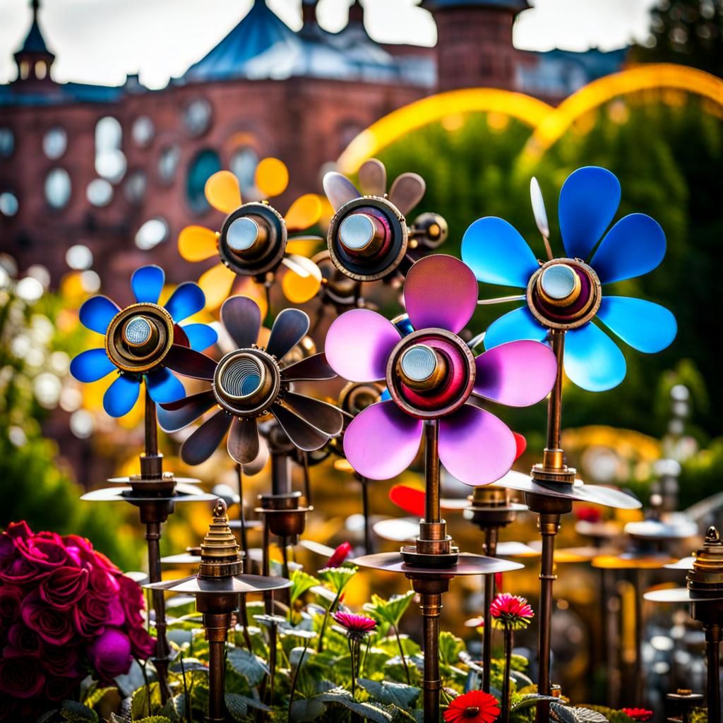 Steampunk Metal Flower Garden in Hyperrealistic Style